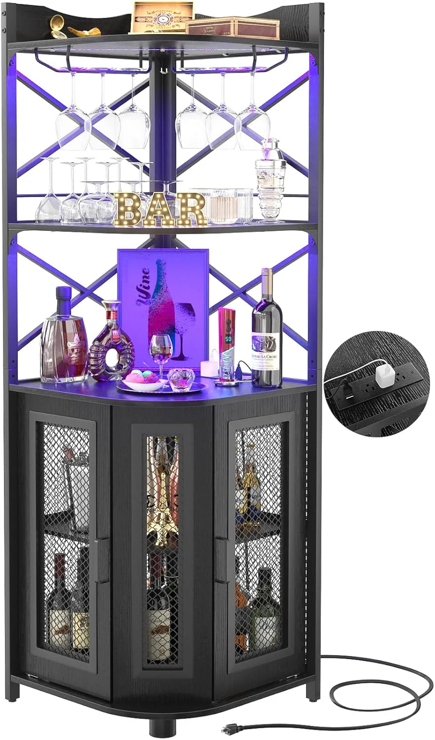 Aheaplus Corner Bar Cabinet with Power Outlet, Industrial Wine Cabinet with LED Strip and Glass Holder, 5-Tiers Liquor Cabinet Bar Unit for Home, Corner Display Cabinet for Small Space, White Oak