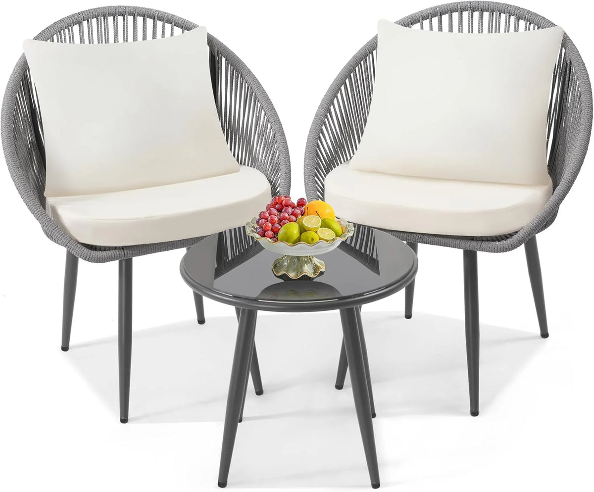 3 Piece Bistro Set, Woven Rope Chair with Cushions, All Weather Patio Conversation Set with Side Table, Ideal for Deck, Balcony, Poolside, Black