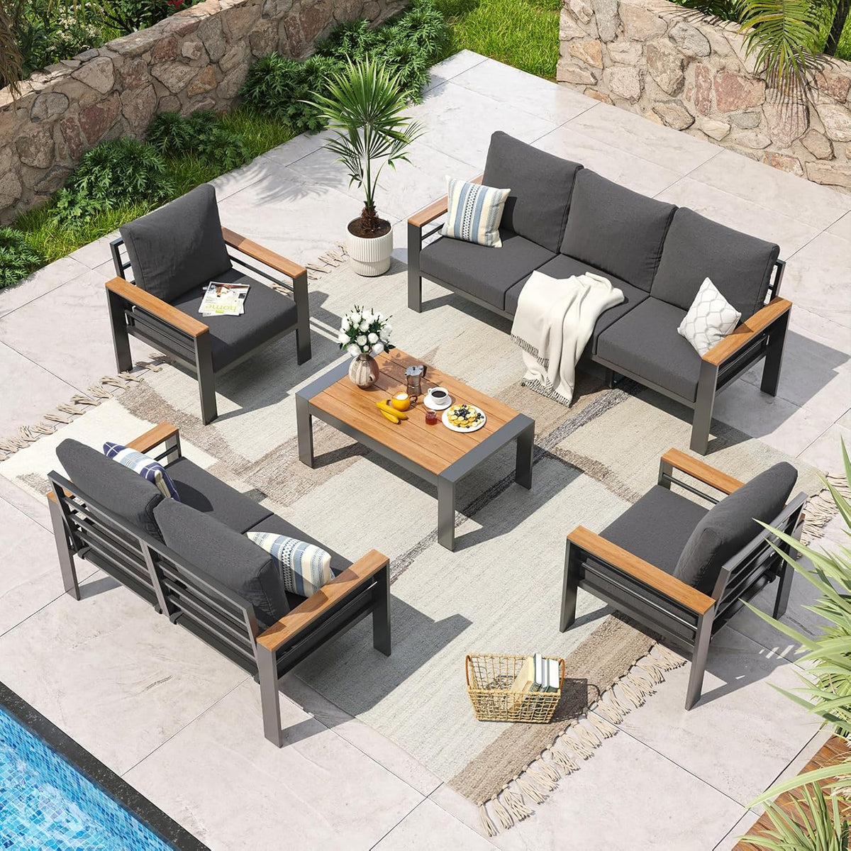 Aoxun Aluminum Patio Furniture Set 7 Seats, Oversized Outdoor Sectional with Washable Thick Cushions, Coffee Table and Waterproof Cover, Patio Conversation Sets for Porch, Balcony, Deck