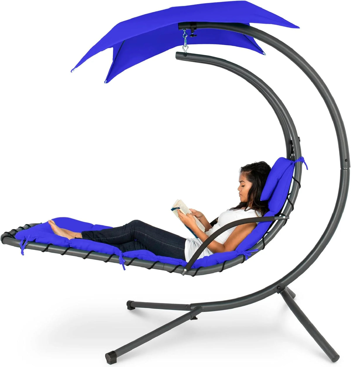 Best Choice Products Outdoor Hanging Curved Steel Chaise Lounge Chair Swing w/Built-in Pillow and Removable Canopy - Charcoal Gray