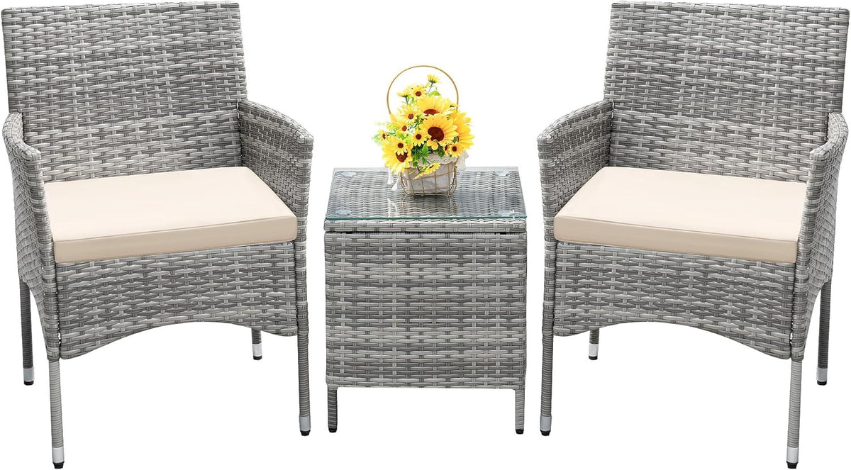 Devoko Patio Porch Furniture Sets 3 Pieces PE Rattan Wicker Chairs with Table Outdoor Garden Furniture Sets (Brown/Beige)