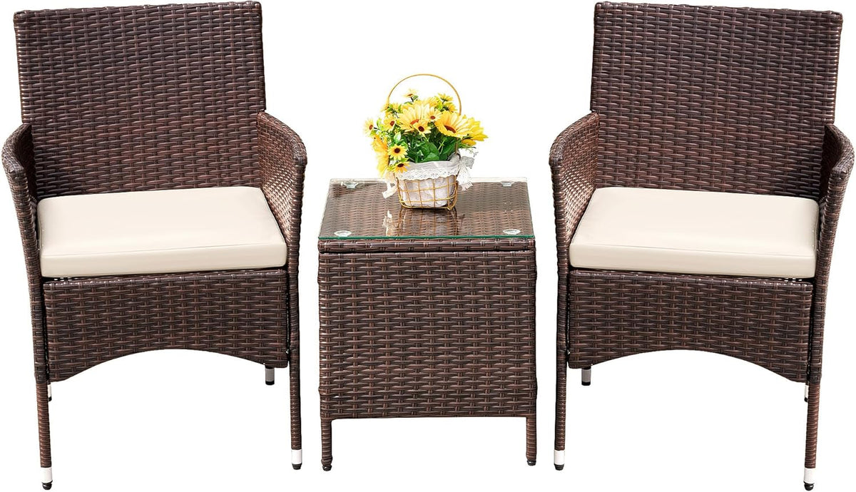 Devoko Patio Porch Furniture Sets 3 Pieces PE Rattan Wicker Chairs with Table Outdoor Garden Furniture Sets (Brown/Beige)