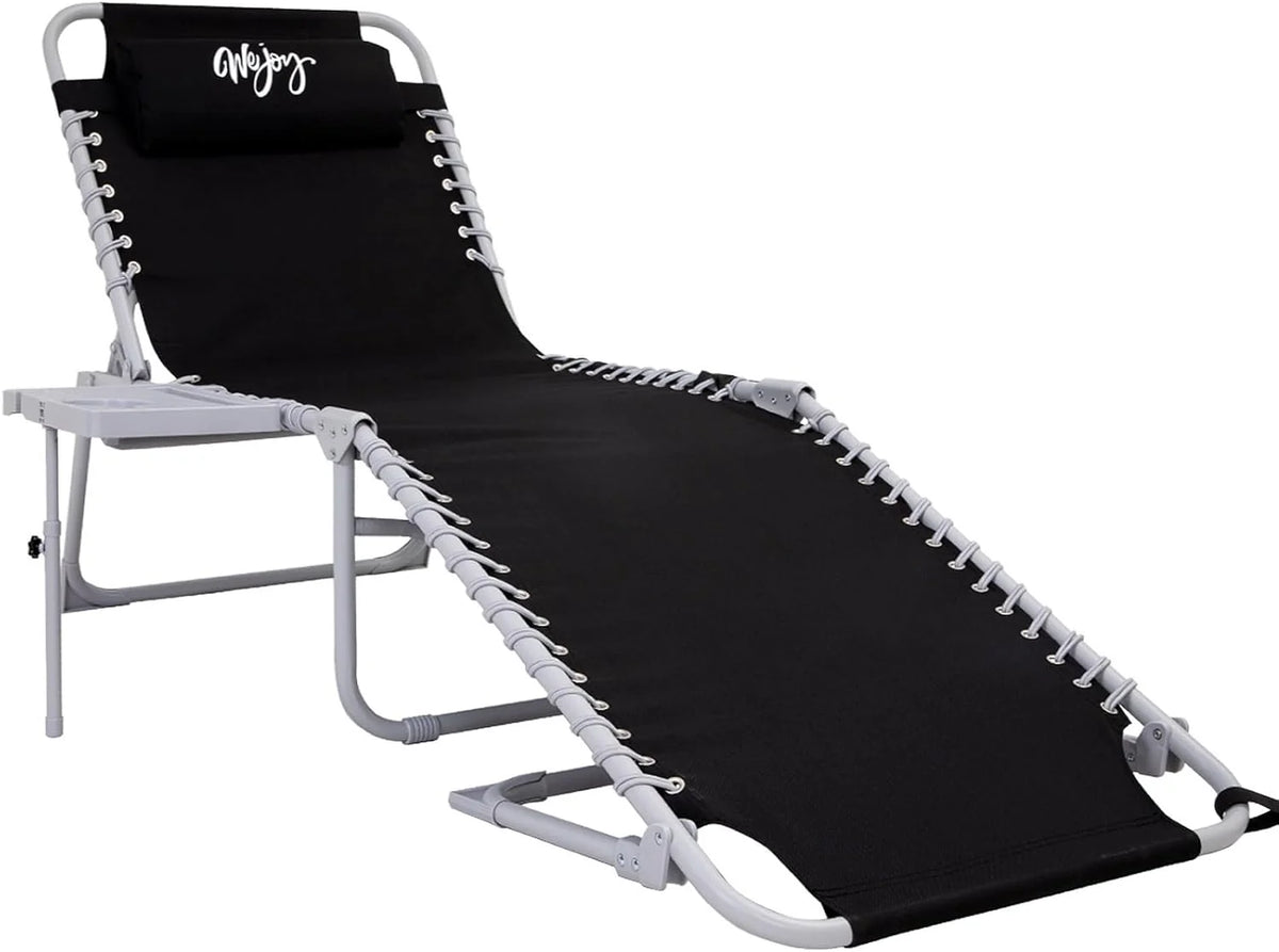 2 Pack Outdoor Chaise Lounge Chair - Portable Folding Patio Pool Lounge Chair, 5 Positions Adjustable Reclining Camping Chair with Side Table,Shoulder Strap, Pillow for Beach Sunbathing Lawn
