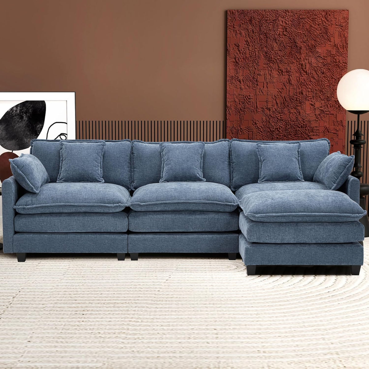 111.4 Inch L Shaped Modern Sofa Modular Cloud Sofa with Ottoman 4 Seater Chenille Deep Seat Sofa