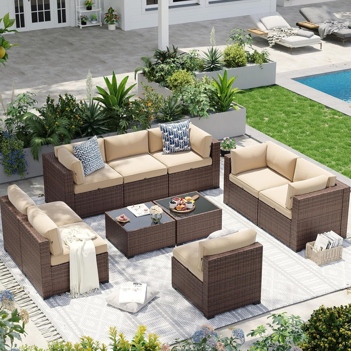 Aoxun Patio Furniture Sets, 7-Piece Outdoor Patio Furniture with Thick Cushions, Wicker Outdoor Conversation Set Sectional Sofa for Backyard, Poolside, Garden